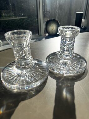 Vintage Waterford Crystal Candlesticks Pair Starburst Base Signed 4”